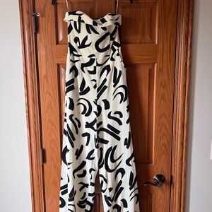 Cream Strapless Jumpsuit with Black Abstract Print